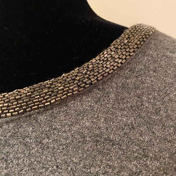 Ann Taylor LOFT Casual Gray Short Sleeve Sheath Dress with Metallic Trimmed Coll - Picture 5 of 12